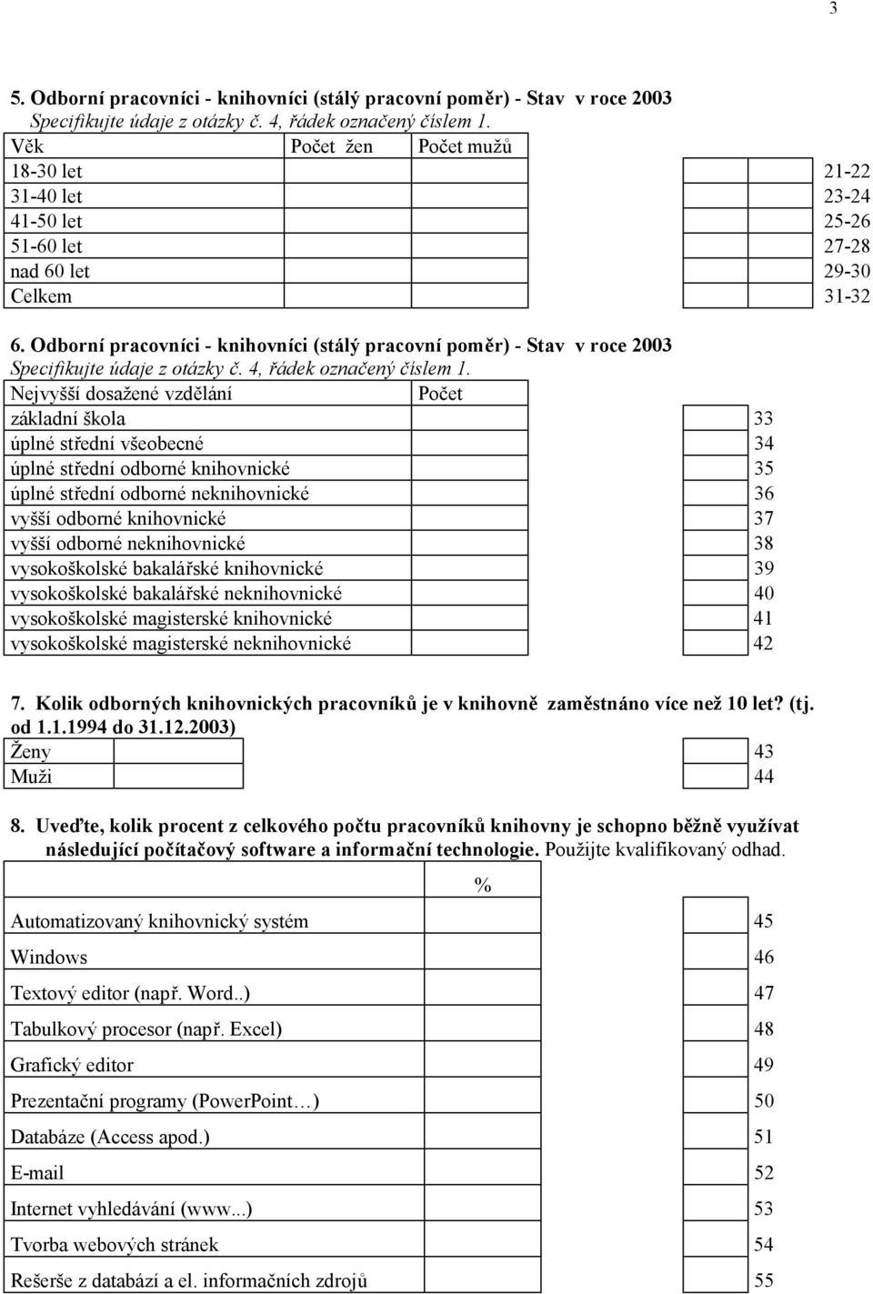 Odborní pracovníci - knihovníci (stálý pracovní poměr) - Stav v roce 2003 Specifikujte údaje z otázky č. 4, řádek označený číslem 1.