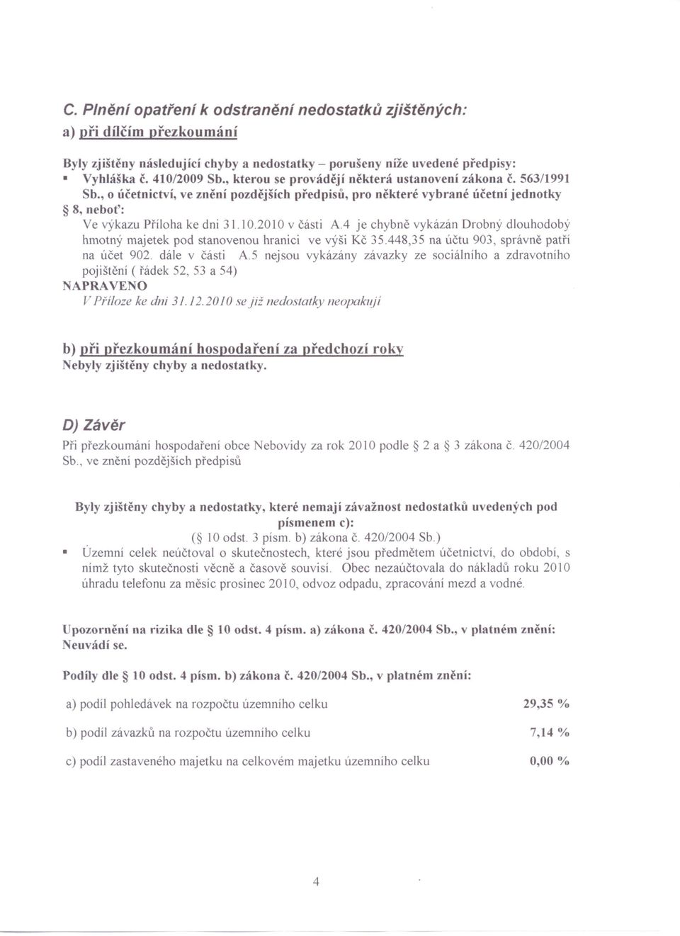 2010 v části A.4 je chybně vykázán Drobný dlouhodobý hmotný majetek pod stanovenou hranici ve výši Kč 35.448,35 na účtu 903, správně patří na účet 902. dále v části A.