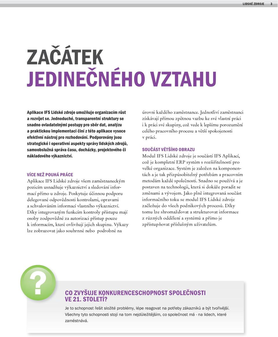 podporovány jsou strategické i operativní aspekty správy lidských zdrojů, samoobslužná správa času, docházky, projektového či nákladového výkaznictví.