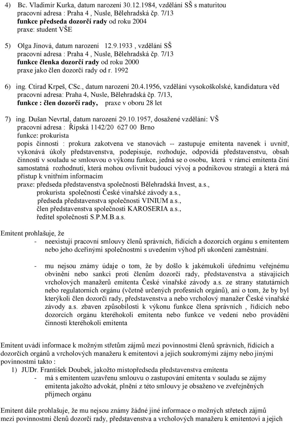 7/13 funkce členka dozorčí rady od roku 2000 praxe jako člen dozorčí rady od r. 1992 6) ing. Ctirad Krpeš, CSc., datum narození 20.4.