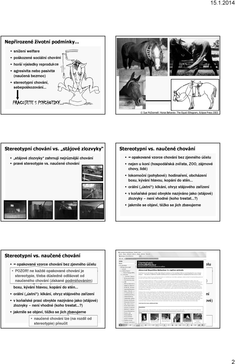 stájové zlozvyky stájové zlozvyky zahrnují nejrůznější chování pravé stereotypie vs. naučené chování Stereotypní vs.