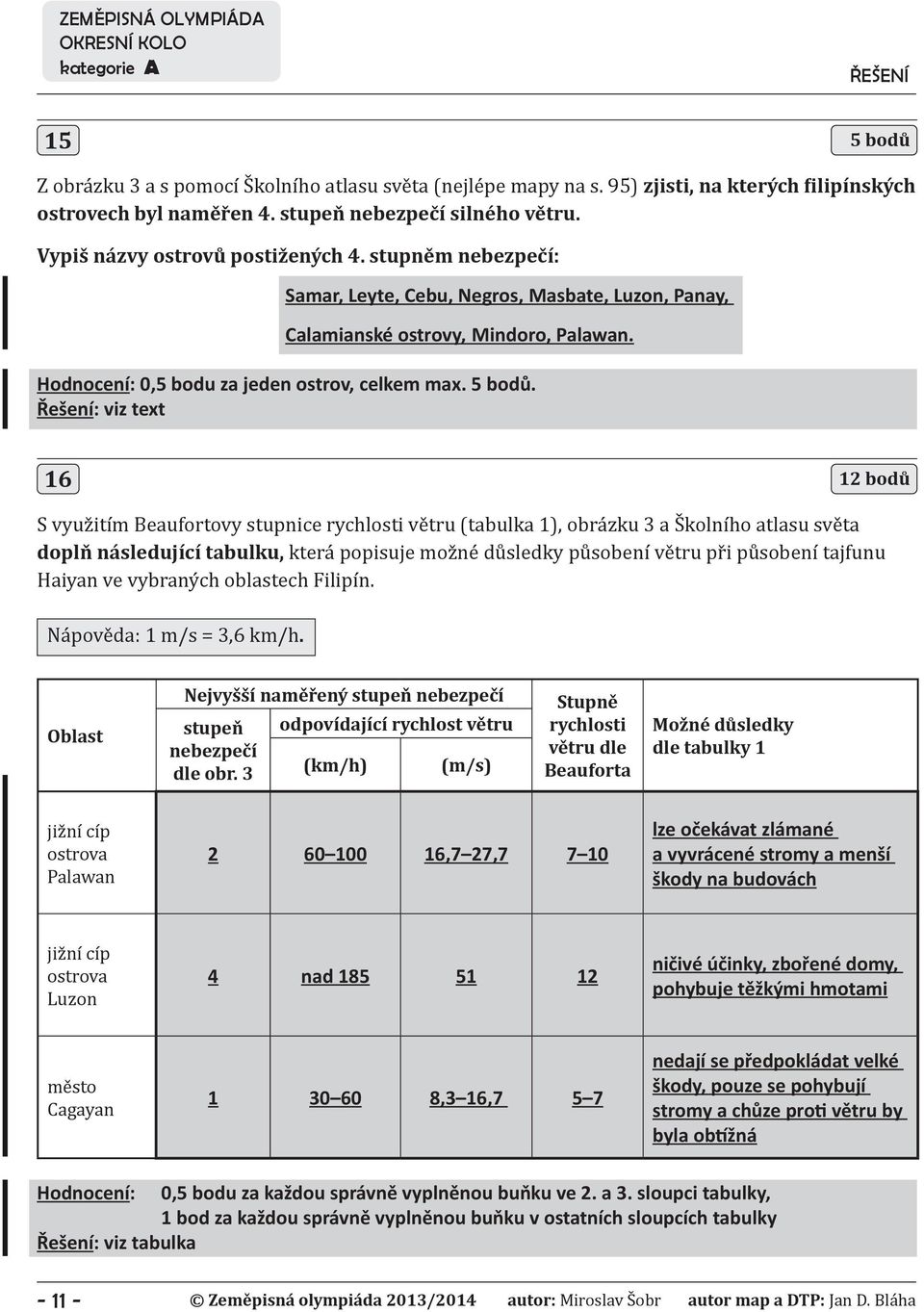 Řešení: viz text 16 12 bodů S využitím Beaufortovy stupnice rychlosti větru (tabulka 1), obrázku 3 a Školního atlasu světa doplň následující tabulku, která popisuje možné důsledky působení větru při