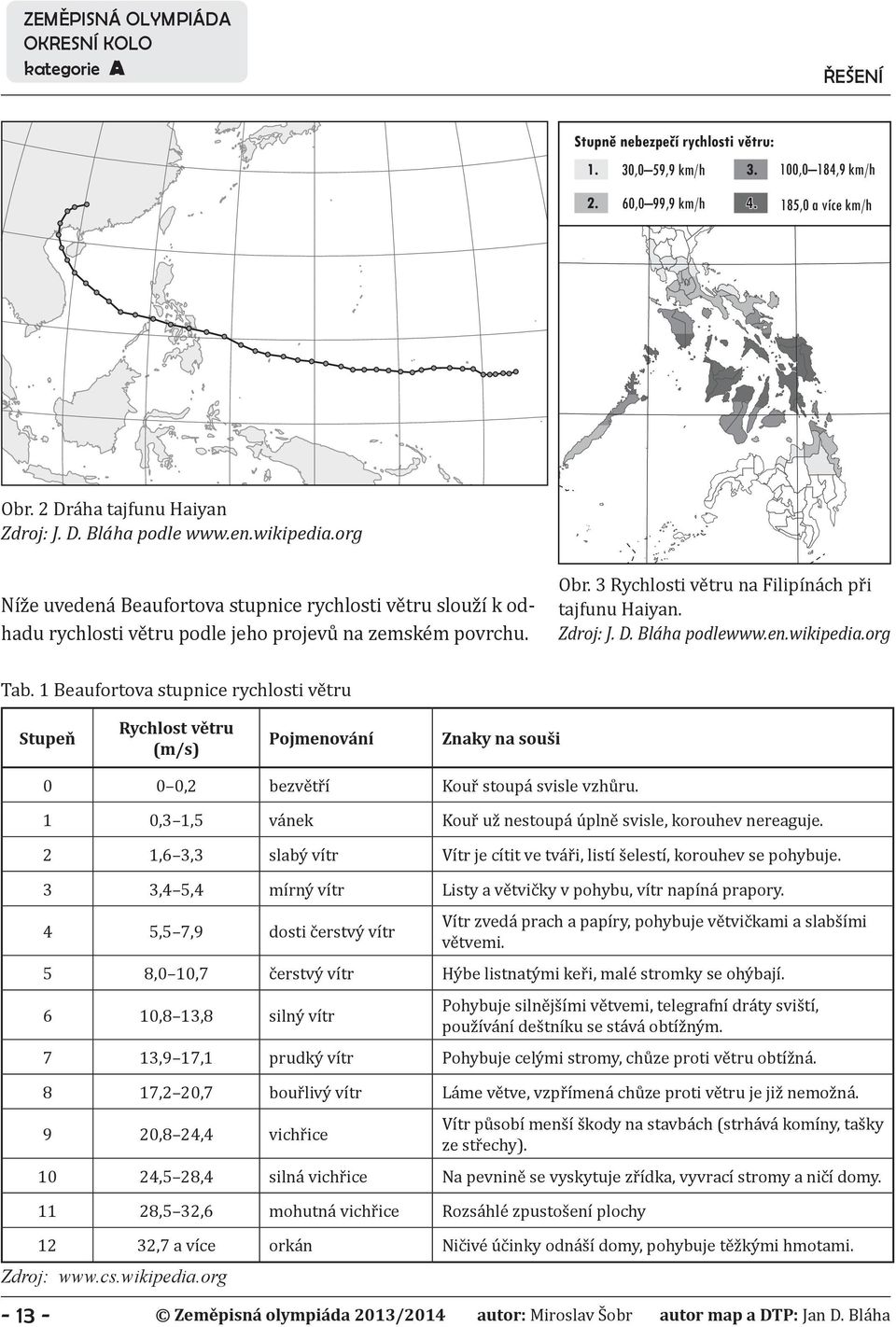 Bláha podlewww.en.wikipedia.org Tab. 1 Beaufortova stupnice rychlosti větru Stupeň Rychlost větru (m/s) Pojmenování Znaky na souši - 13-0 0 0,2 bezvětří Kouř stoupá svisle vzhůru.