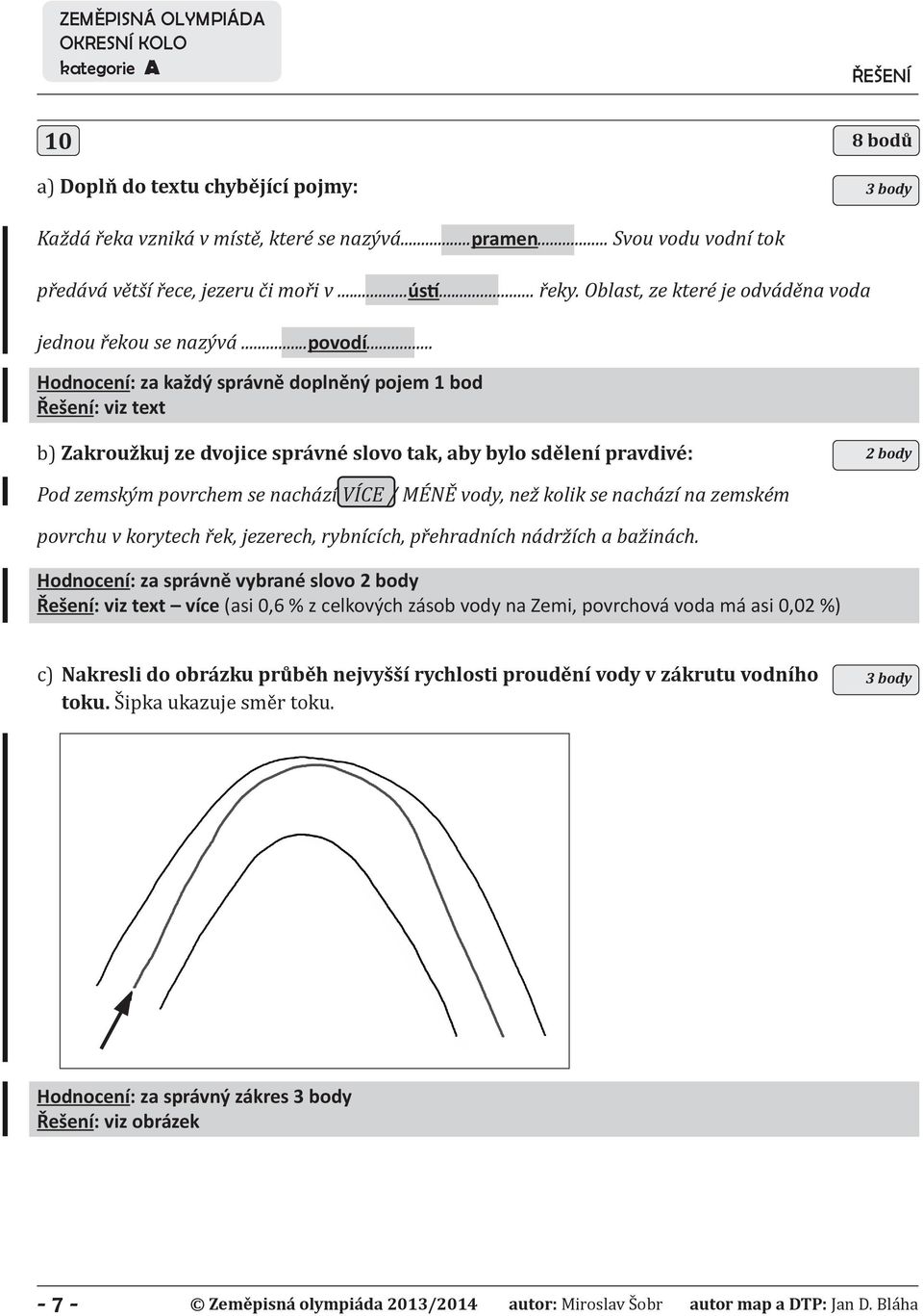 .. Hodnocení: za každý správně doplněný pojem 1 bod Řešení: viz text b) Zakroužkuj ze dvojice správné slovo tak, aby bylo sdělení pravdivé: 2 body Pod zemským povrchem se nachází VÍCE / MÉNĚ vody,