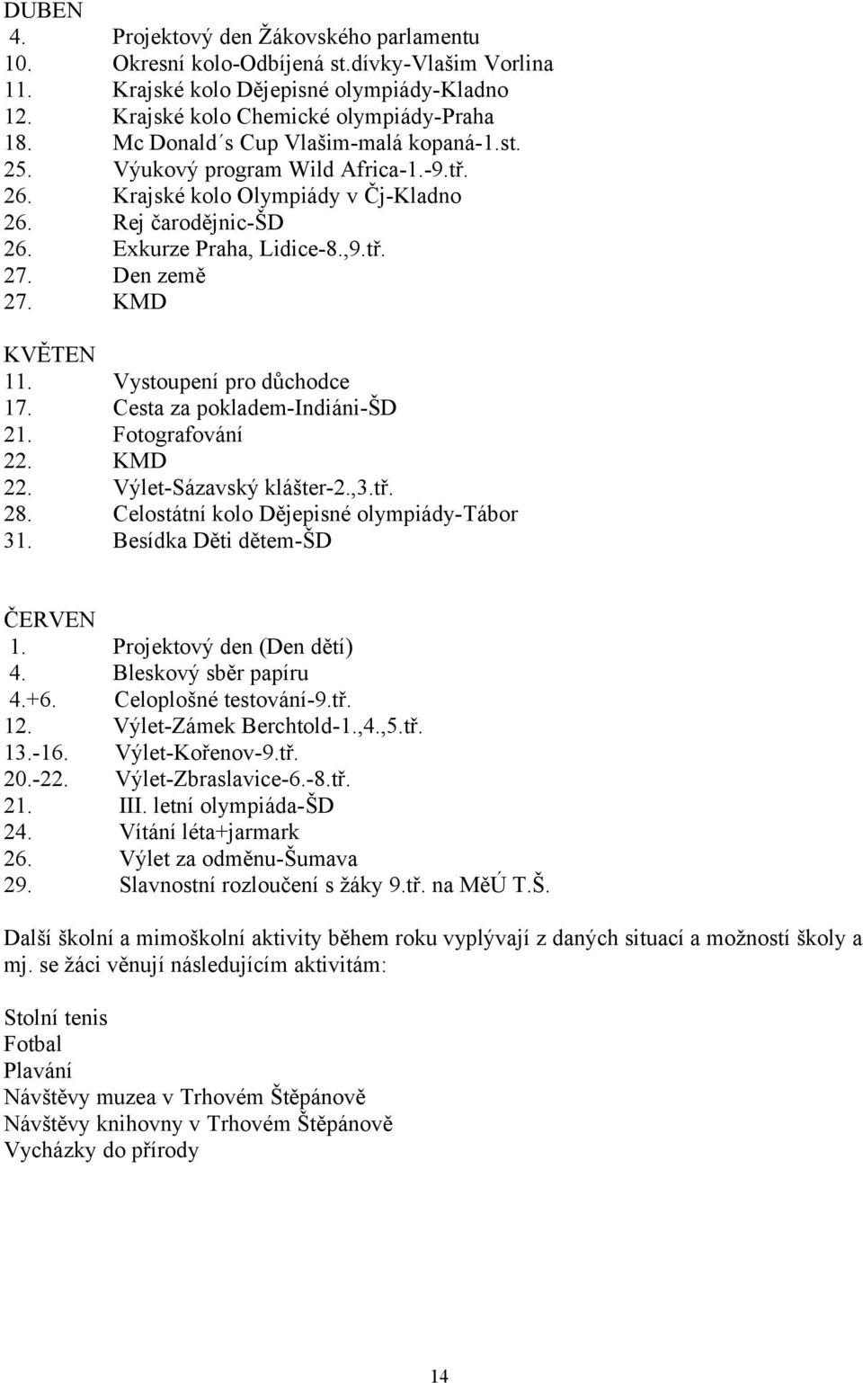 KMD KVĚTEN 11. Vystoupení pro důchodce 17. Cesta za pokladem-indiáni-šd 21. Fotografování 22. KMD 22. Výlet-Sázavský klášter-2.,3.tř. 28. Celostátní kolo Dějepisné olympiády-tábor 31.