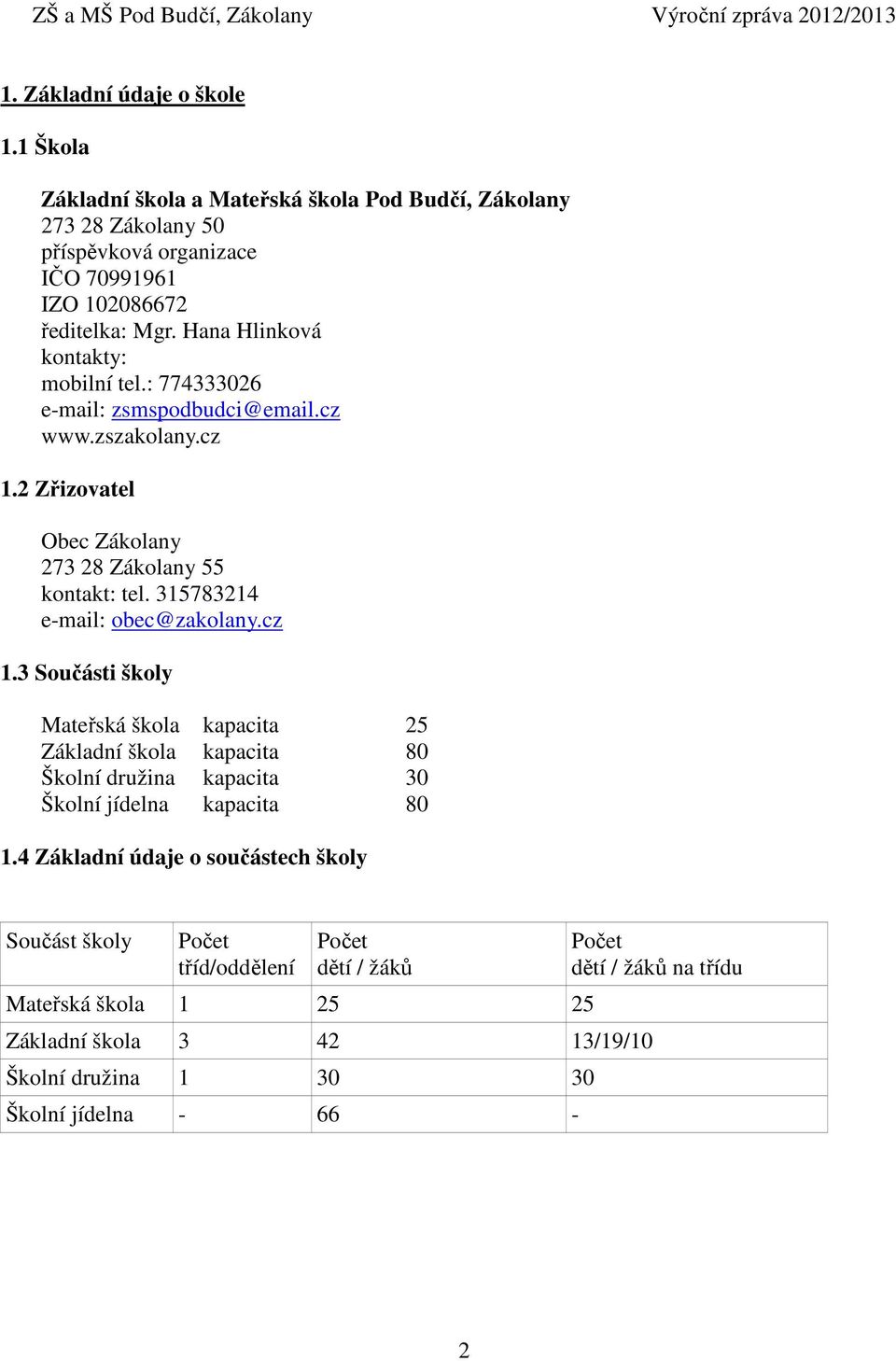 315783214 e-mail: obec@zakolany.cz 1.3 Součásti školy Mateřská škola kapacita 25 Základní škola kapacita 80 Školní družina kapacita 30 Školní jídelna kapacita 80 1.
