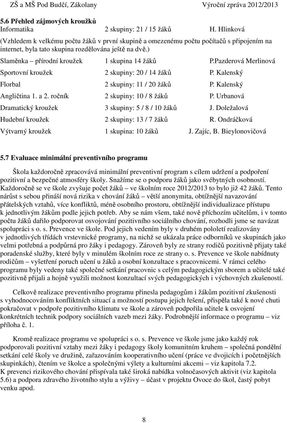 Pazderová Merlinová Sportovní kroužek 2 skupiny: 20 / 14 žáků P. Kalenský Florbal 2 skupiny: 11 / 20 žáků P. Kalenský Angličtina 1. a 2. ročník 2 skupiny: 10 / 8 žáků P.