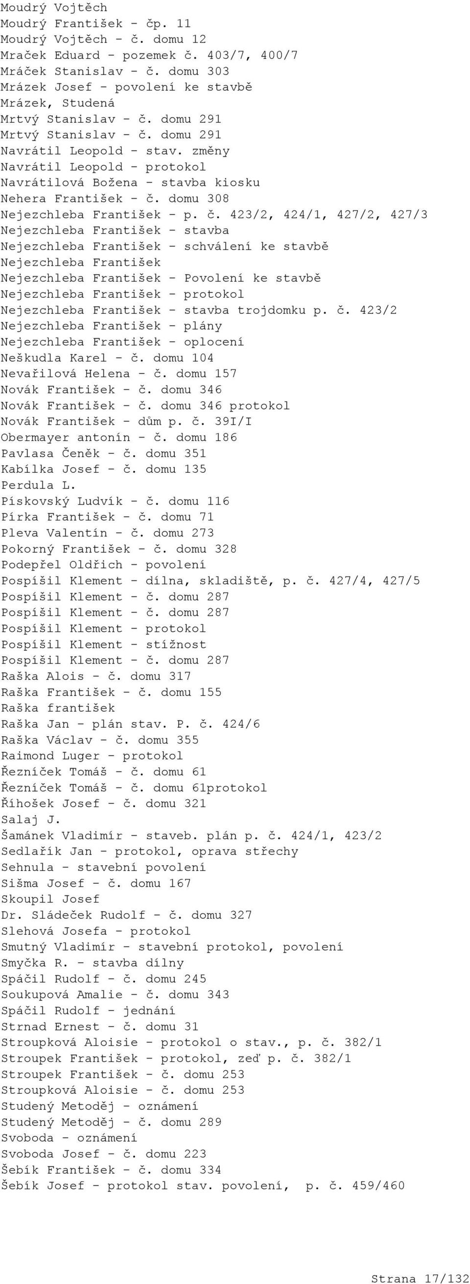 změny Navrátil Leopold - protokol Navrátilová Božena - stavba kiosku Nehera František - č.