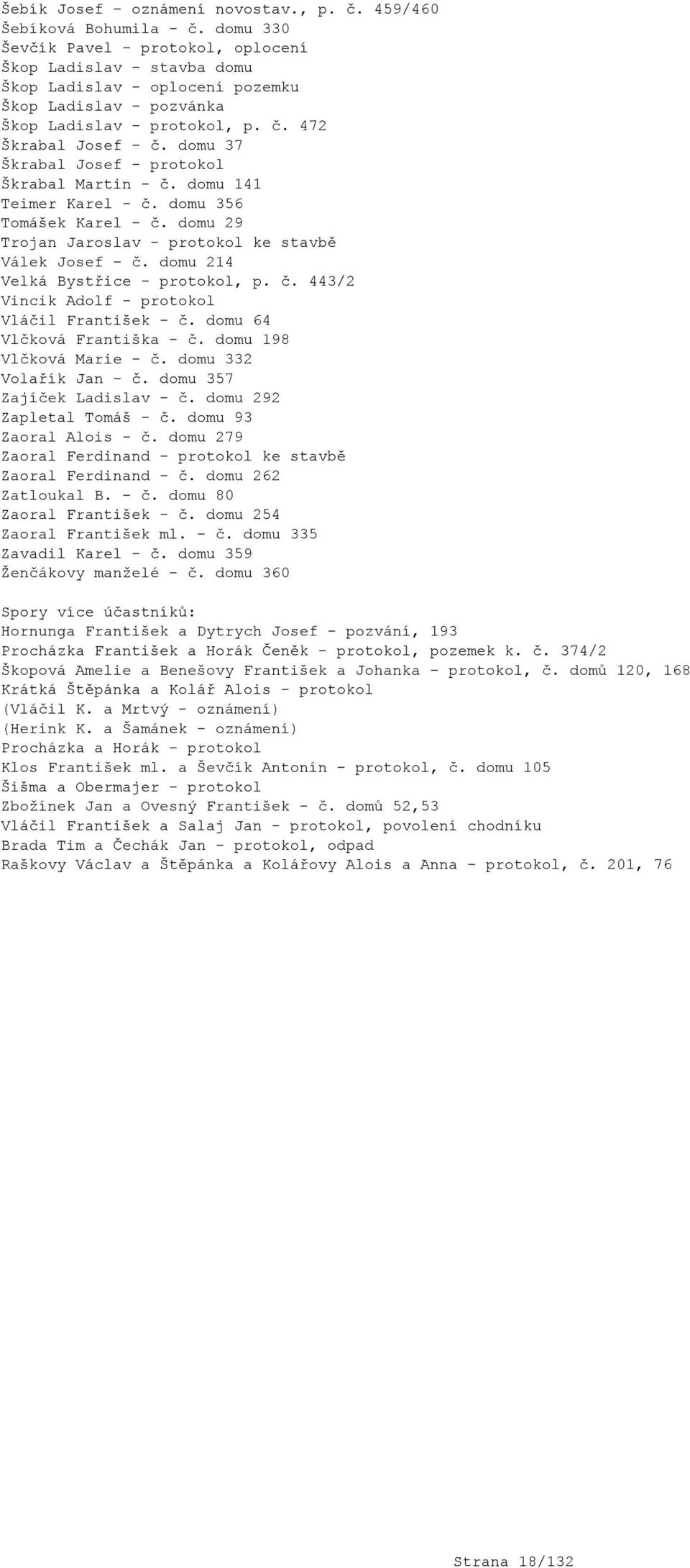 domu 37 Škrabal Josef - protokol Škrabal Martin - č. domu 141 Teimer Karel - č. domu 356 Tomášek Karel - č. domu 29 Trojan Jaroslav - protokol ke stavbě Válek Josef - č.