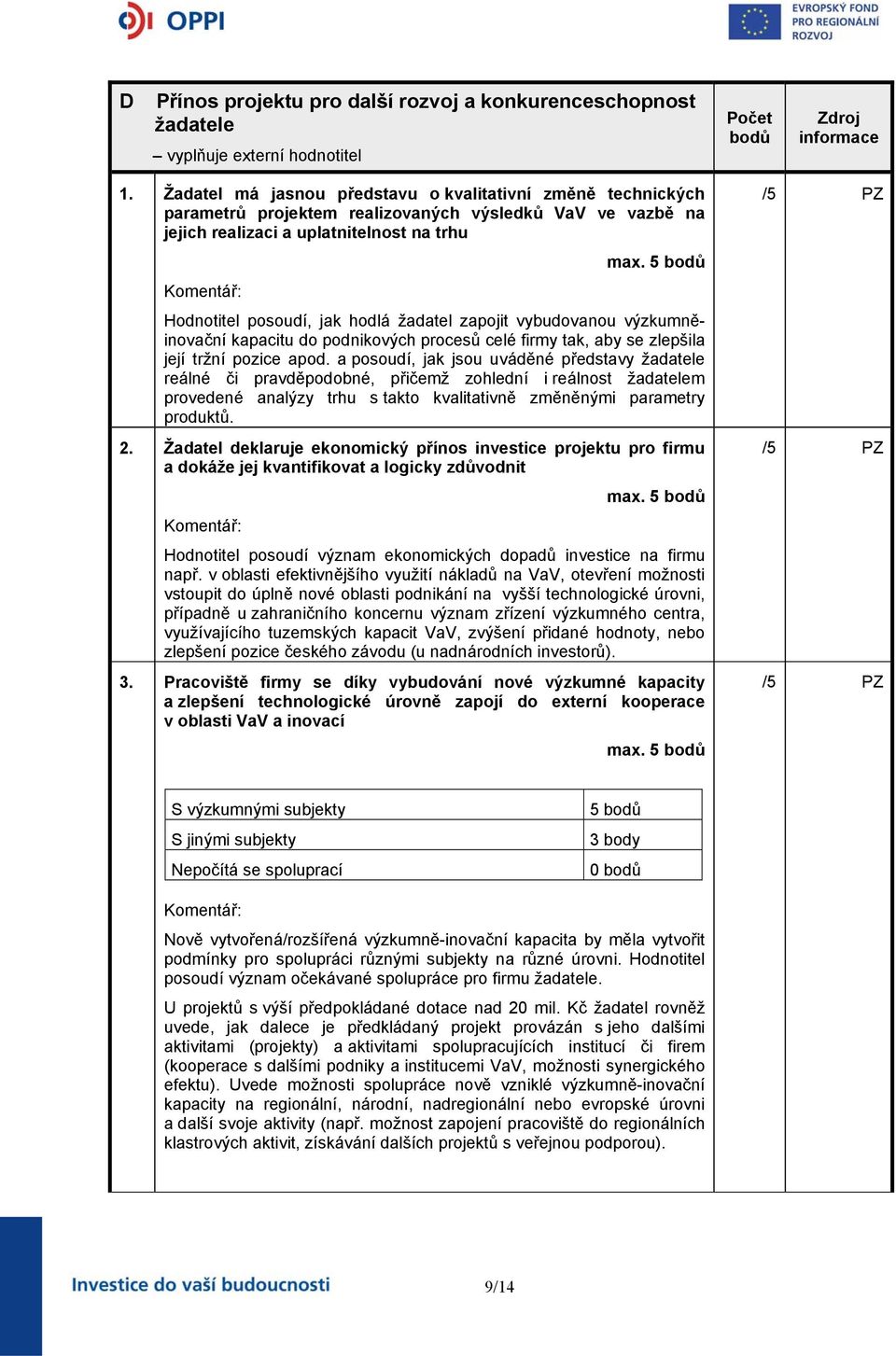 5 bodů Hodnotitel posoudí, jak hodlá žadatel zapojit vybudovanou výzkumněinovační kapacitu do podnikových procesů celé firmy tak, aby se zlepšila její tržní pozice apod.