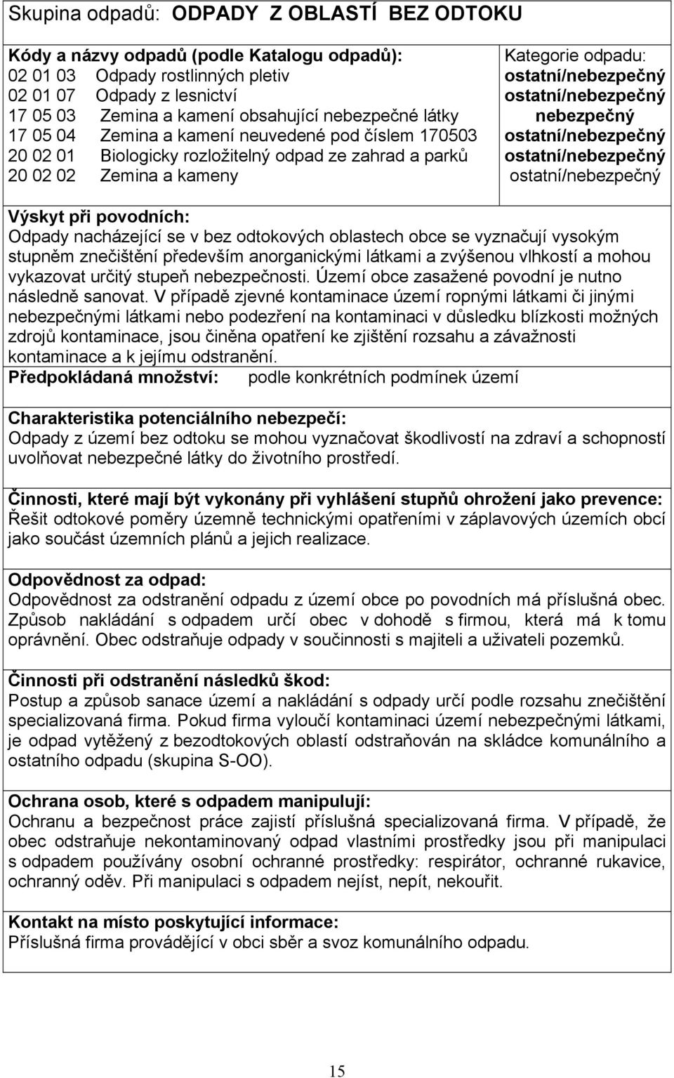 anorganickými látkami a zvýšenou vlhkostí a mohou vykazovat určitý stupeň nebezpečnosti. Území obce zasažené povodní je nutno následně sanovat.