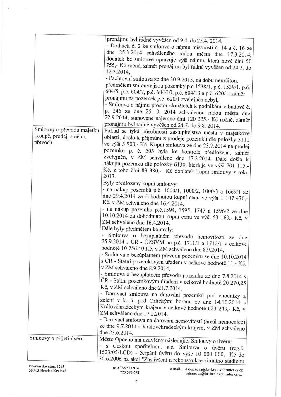 9.2015, na dobu neurčitou, předmětem smlouvy jsou pozemky p.č.1538/1, p.č. 1539/1, p.č 604/5, p.č. 604/7, p.č. 604/10, p.č. 604/13 a p.č. 620/1, záměr pronájmu na pozemek p.č. 620/1 zveřejněn nebyl, - Smlouva o nájmu prostor sloužících k podnikání v budově č.