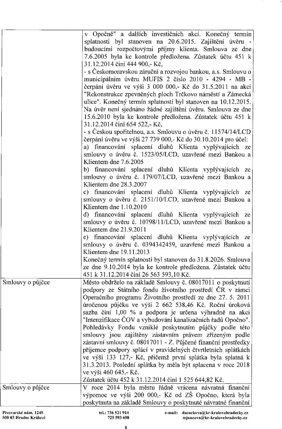 5.2011 na akci "Rekonstrukce zpevněných ploch Trčkovo náměstí a Zámecká ulice". Konečný termín splatnosti byl stanoven na 10.12.2015. Na úvěr není sjednáno žádné zajištění úvěru. Smlouva ze dne 15.6.