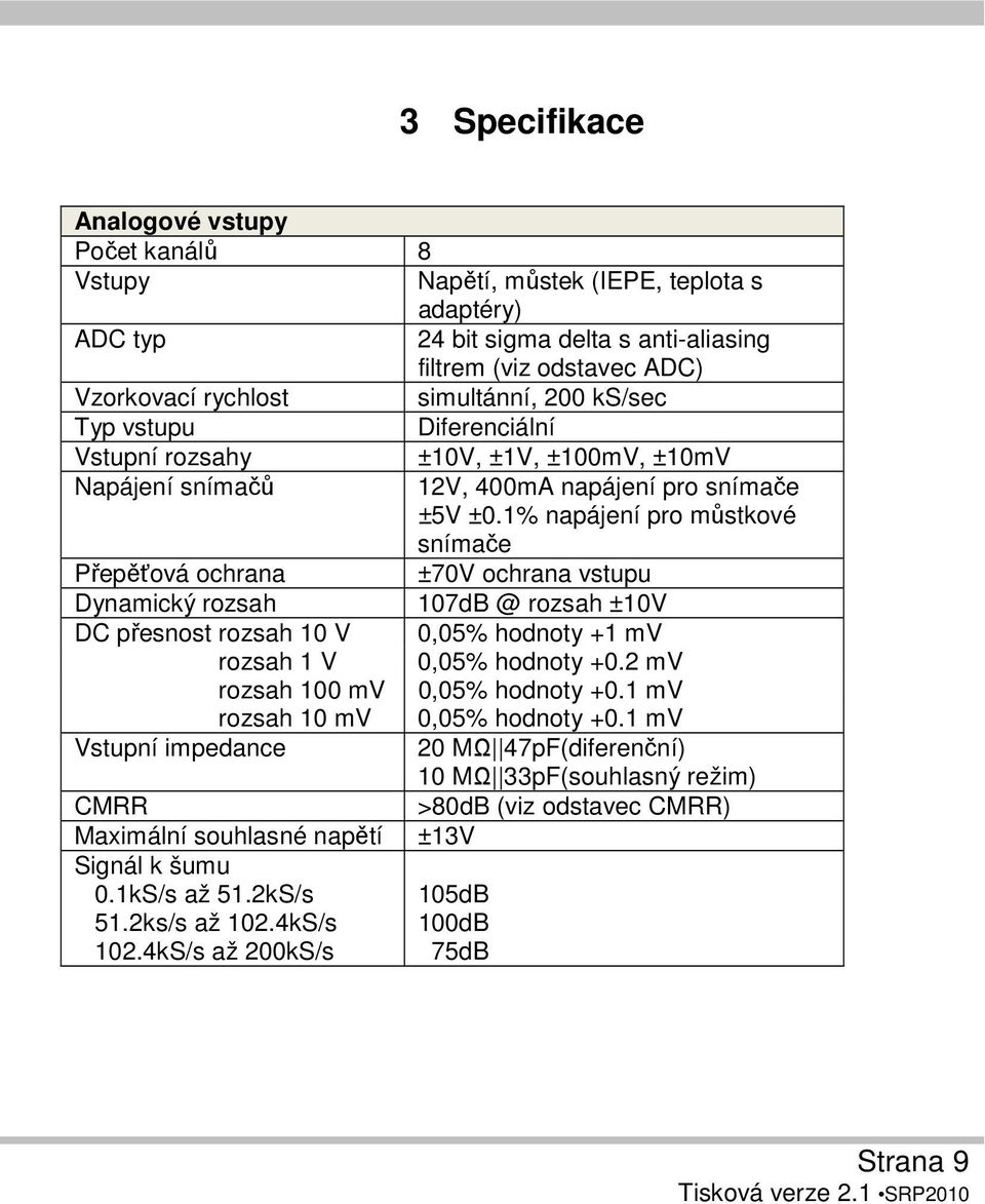1% napájení pro můstkové snímače Přepěťová ochrana ±70V ochrana vstupu Dynamický rozsah 107dB @ rozsah ±10V DC přesnost rozsah 10 V 0,05% hodnoty +1 mv rozsah 1 V 0,05% hodnoty +0.