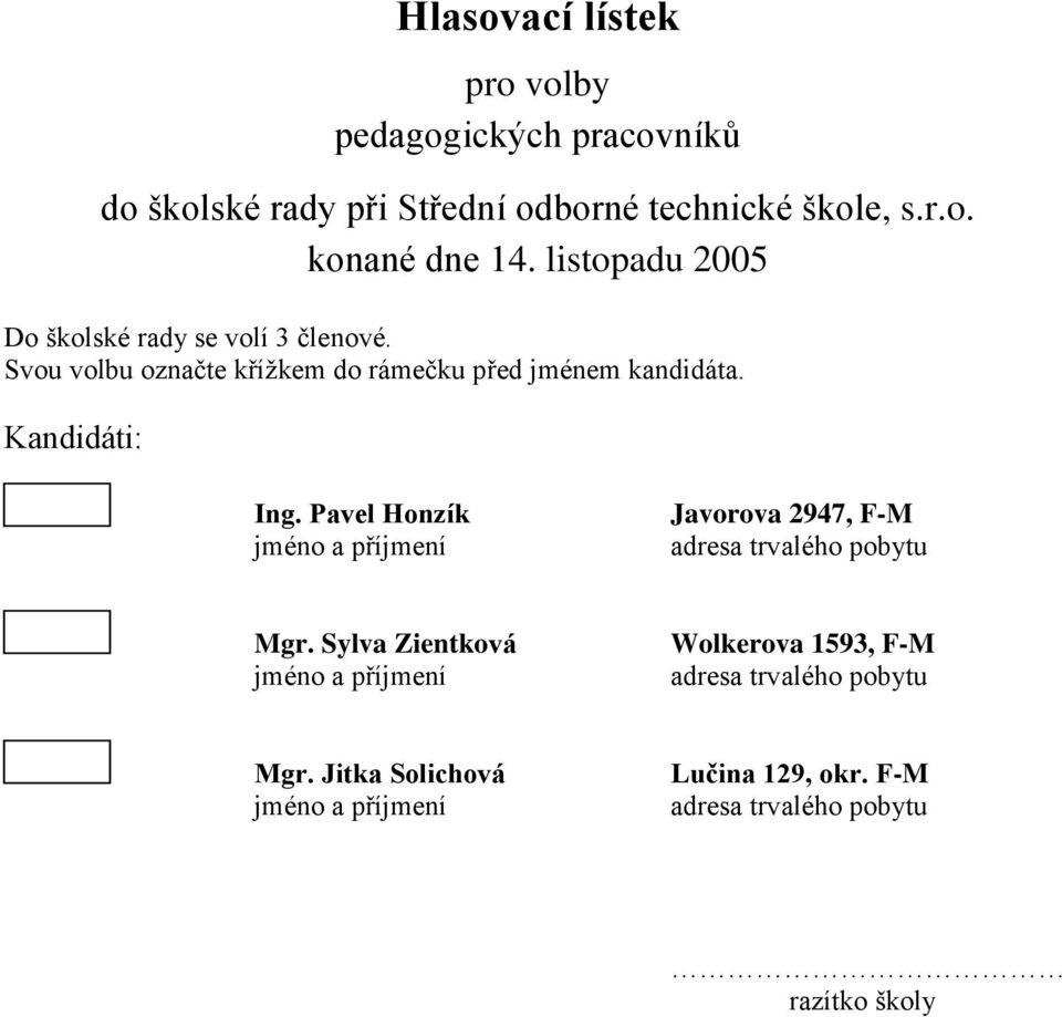 Kandidáti: 5. Ing. Pavel Honzík Javorova 2947, F-M jméno a příjmení 6. Mgr.