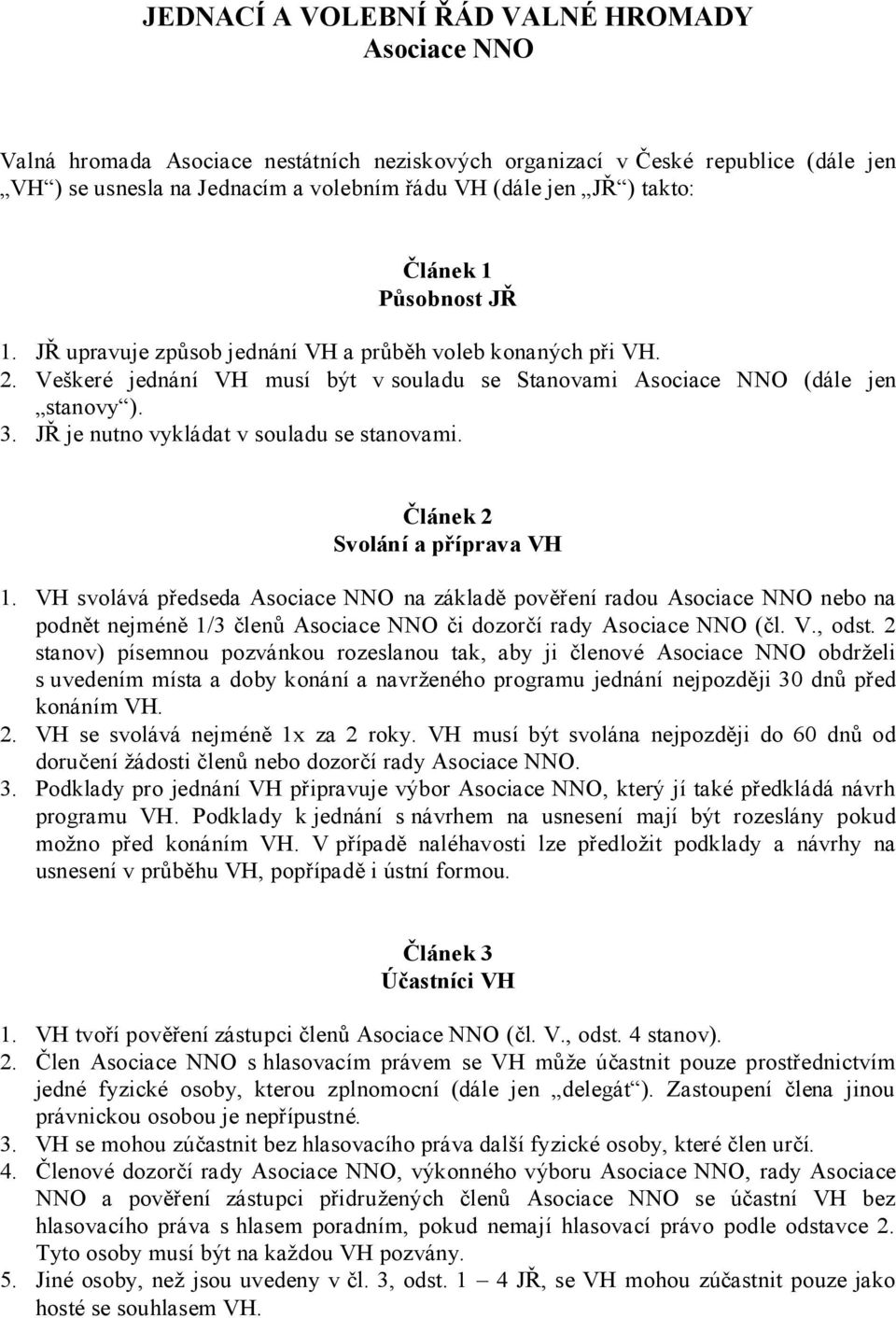 JŘ je nutno vykládat v souladu se stanovami. Článek 2 Svolání a příprava VH 1.