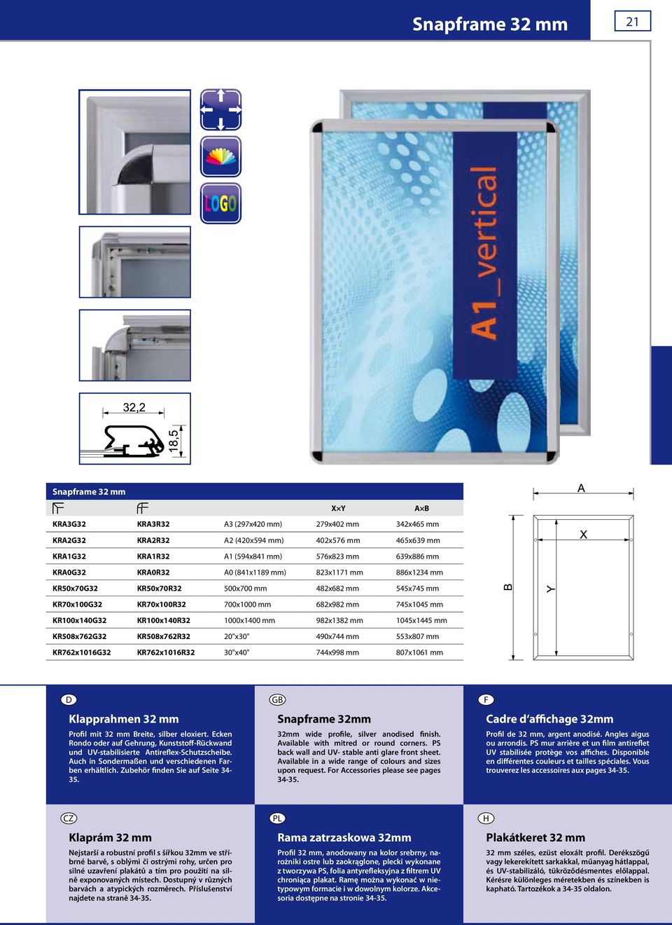 KR100x140R32 1000x1400 mm 982x1382 mm 1045x1445 mm KR508x762G32 KR508x762R32 20"x30" 490x744 mm 553x807 mm KR762x1016G32 KR762x1016R32 30"x40" 744x998 mm 807x1061 mm aa Klapprahmen 32 mm dummy Profil