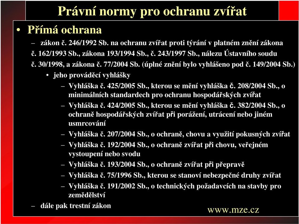 , o minimálních standardech pro ochranu hospodáských zvíat Vyhláška. 424/2005 Sb., kterou se mní vyhláška. 382/2004 Sb.