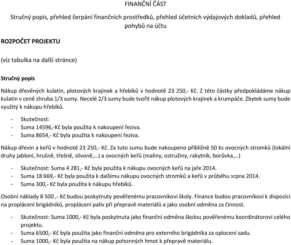 Necelé 2/3 sumy bude tvořit nákup plotových krajinek a krumpáče. Zbytek sumy bude využitý k nákupu hřebíků. - Skutečnost: - Suma 14596,-Kč byla použita k nakoupení řeziva.