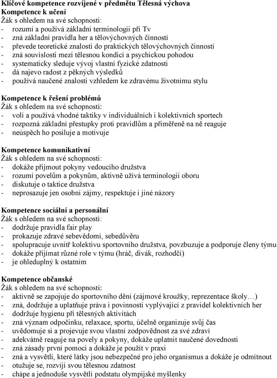 výsledků - používá naučené znalosti vzhledem ke zdravému životnímu stylu Kompetence k řešení problémů - volí a používá vhodné taktiky v individuálních i kolektivních sportech - rozpozná základní