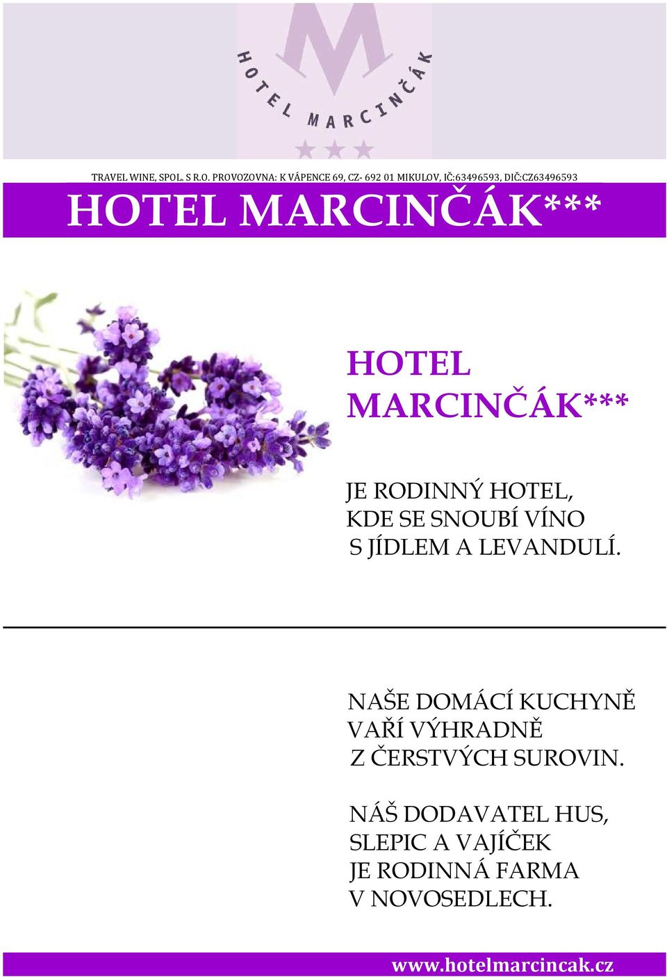 PROVOZOVNA: K VÁPENCE 69, CZ- 692 01 MIKULOV, IČ:63496593, DIČ:CZ63496593 HOTEL