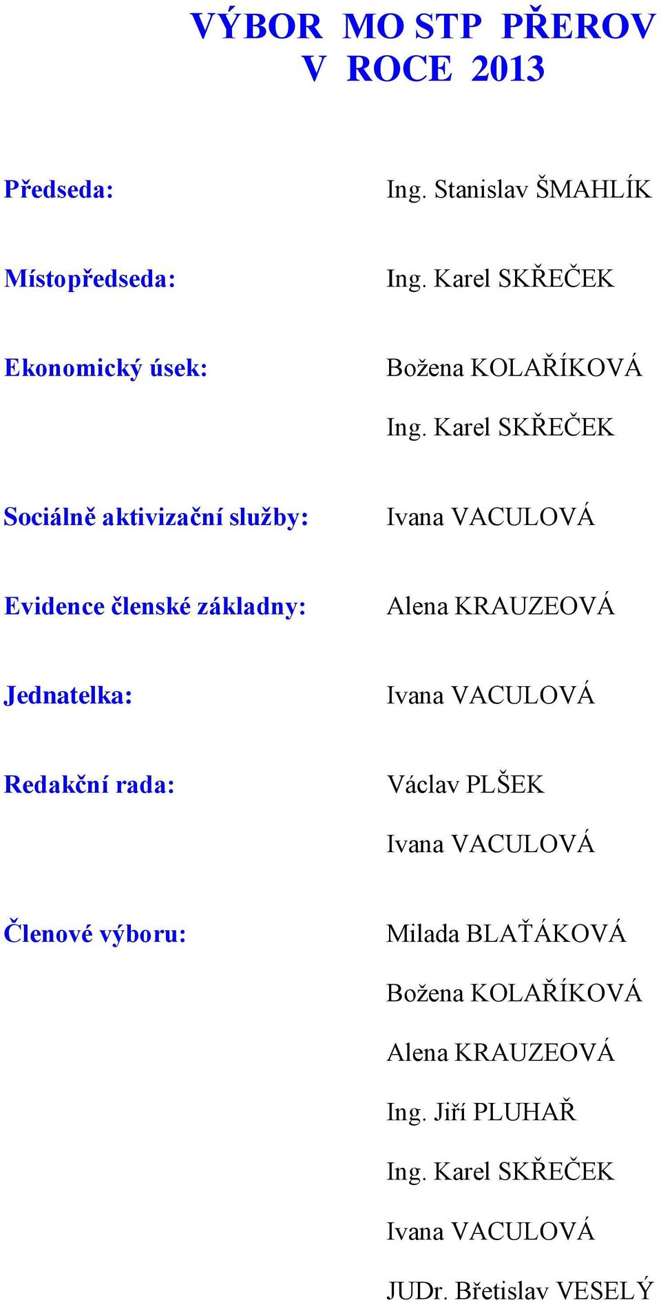 Karel SKŘEČEK Sociálně aktivizační služby: Ivana VACULOVÁ Evidence členské základny: Alena KRAUZEOVÁ Jednatelka: