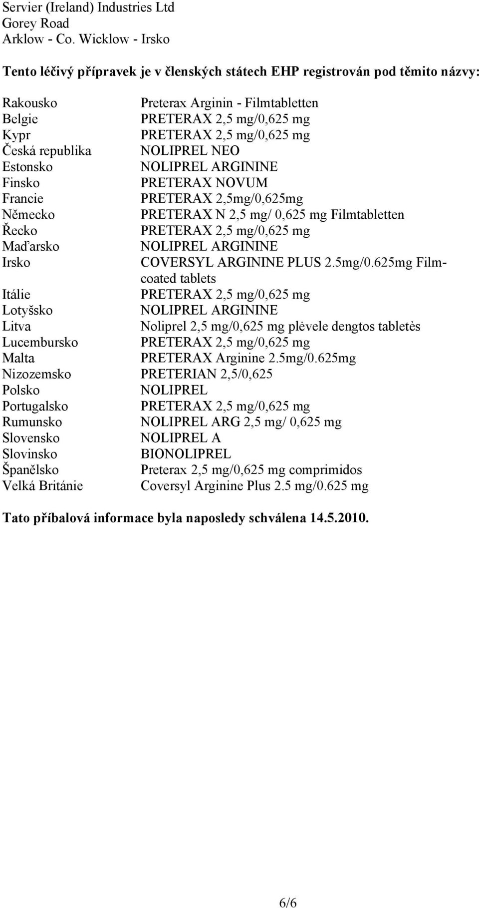 ARGININE Finsko PRETERAX NOVUM Francie PRETERAX 2,5mg/0,