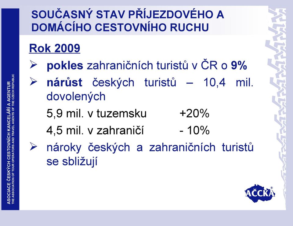 turistů 10,4 mil. dovolených 5,9 mil. v tuzemsku +20% 4,5 mil.