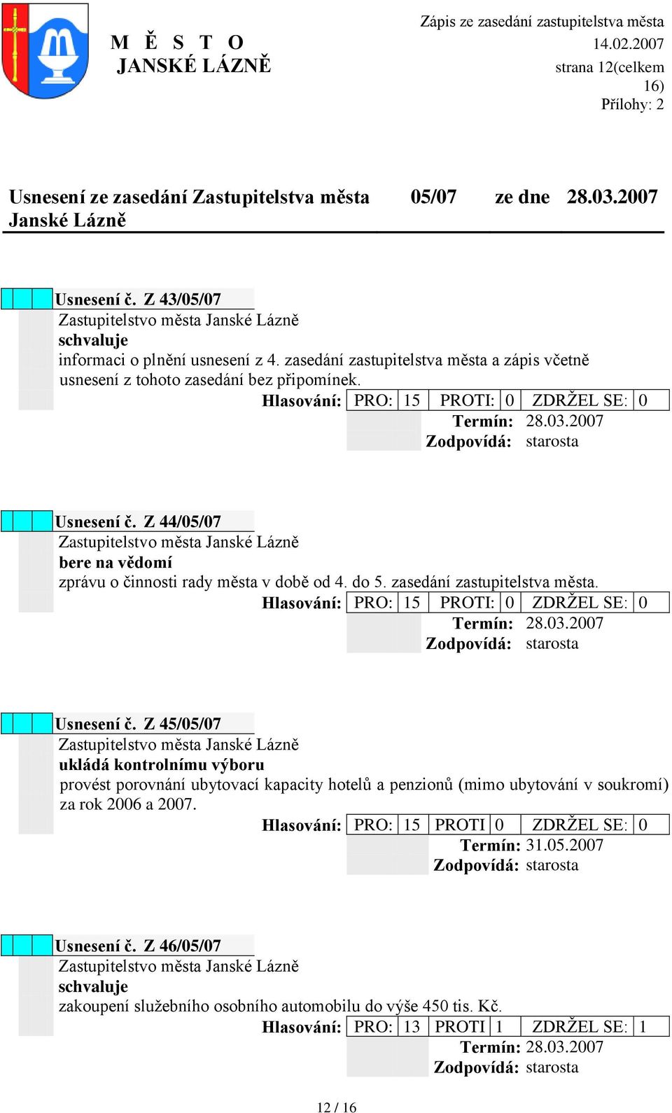Z 44/05/07 bere na vědomí zprávu o činnosti rady města v době od 4. do 5. zasedání zastupitelstva města. Hlasování: PRO: 15 PROTI: 0 ZDRŢEL SE: 0 Termín: 28.03.2007 Usnesení č.
