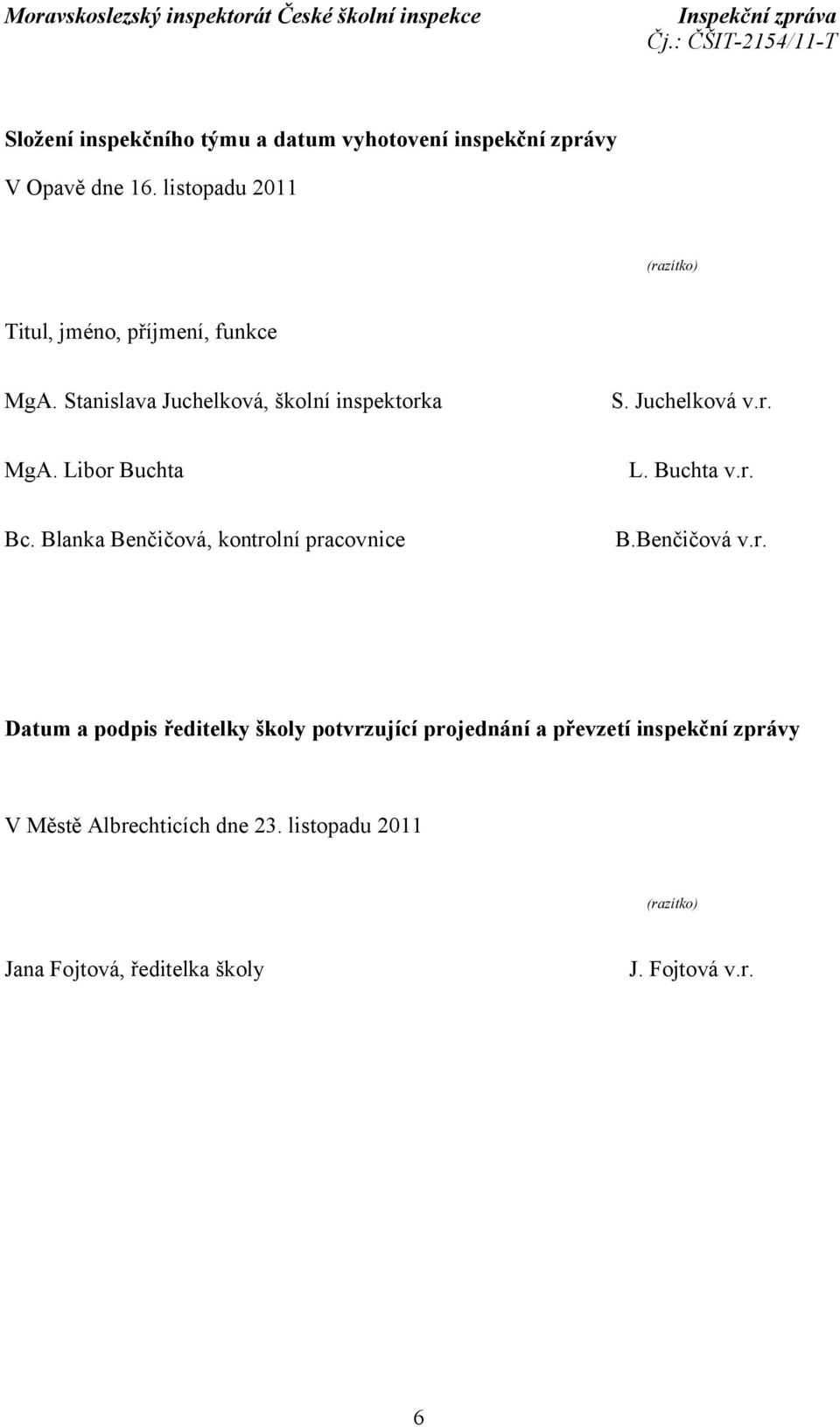 r. MgA. Libor Buchta L. Buchta v.r. Bc. Blanka Benčičová, kontrolní pracovnice B.Benčičová v.r. Datum a podpis ředitelky školy potvrzující projednání a převzetí inspekční zprávy V Městě Albrechticích dne 23.