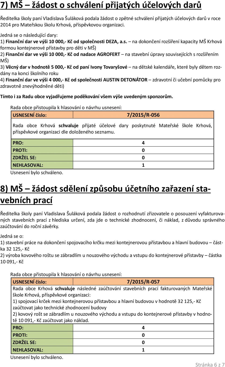 MŠ) 2) Finanční dar ve výši 10 000,- Kč od nadace AGROFERT na stavební úpravy souvisejících s rozšířením MŠ) 3) Věcný dar v hodnotě 5 000,- Kč od paní Ivony Tovaryšové na dětské kalendáře, které byly