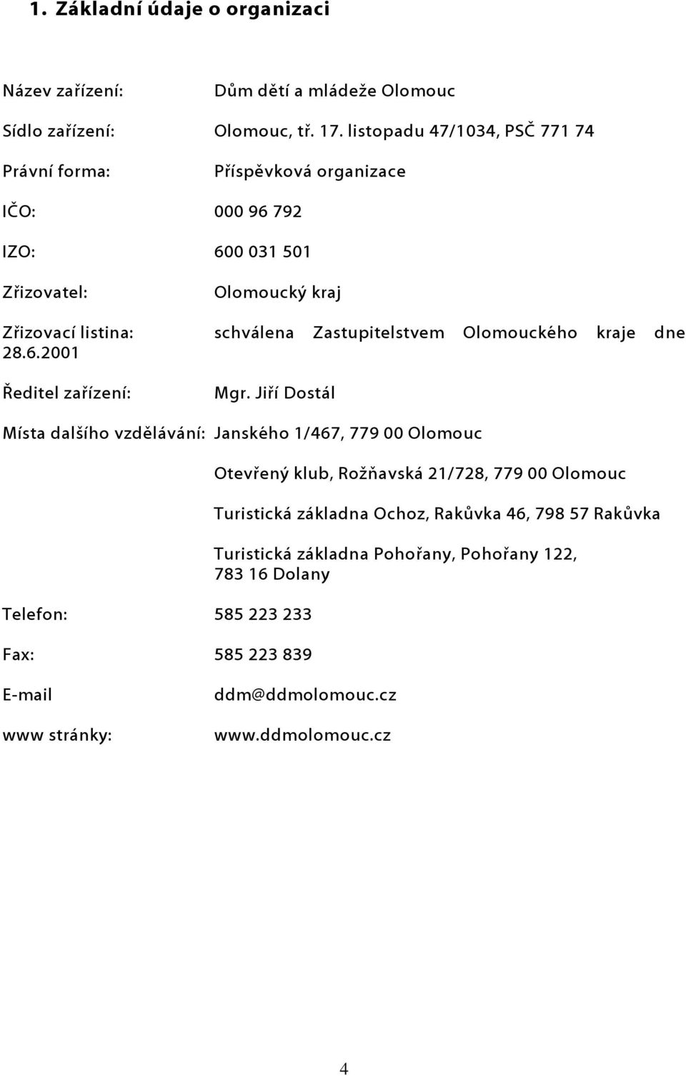 Zastupitelstvem Olomouckého kraje dne 28.6.2001 Ředitel zařízení: Mgr.
