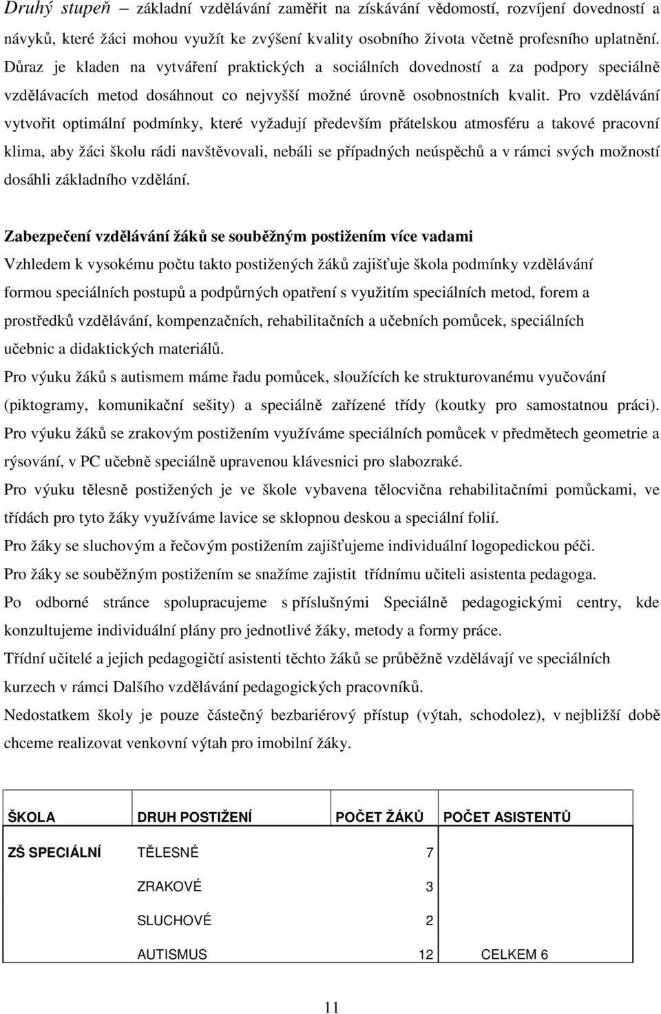 Pro vzdělávání vytvořit optimální podmínky, které vyžadují především přátelskou atmosféru a takové pracovní klima, aby žáci školu rádi navštěvovali, nebáli se případných neúspěchů a v rámci svých