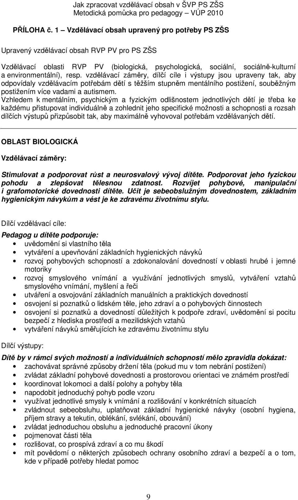 vzdělávací záměry, dílčí cíle i výstupy jsou upraveny tak, aby odpovídaly vzdělávacím potřebám dětí s těžším stupněm mentálního postižení, souběžným postižením více vadami a autismem.