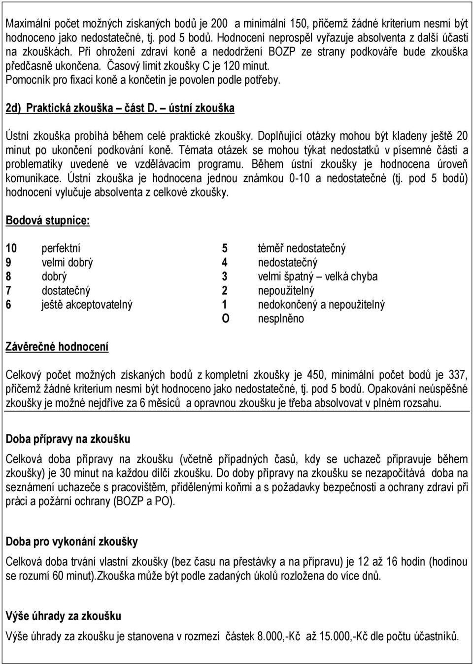 Časový limit zkoušky C je 120 minut. Pomocník pro fixaci koně a končetin je povolen podle potřeby. 2d) Praktická zkouška část D. ústní zkouška Ústní zkouška probíhá během celé praktické zkoušky.