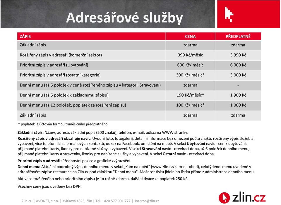 zápisu) 190 Kč/měsíc* 1 900 Kč Denní menu (až 12 položek, poplatek za rozšíření zápisu) 100 Kč/ měsíc* 1 000 Kč Základní zápis zdarma zdarma * poplatek je účtován formou tříměsíčního předplatného