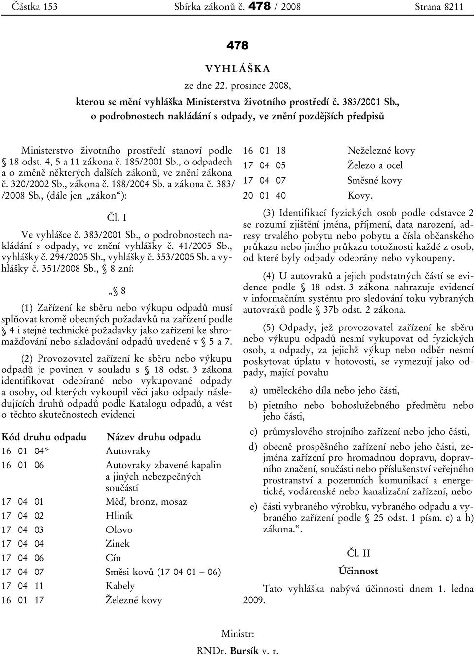 , o odpadech a o změně některých dalších zákonů, ve znění zákona č. 320/2002 Sb., zákona č. 188/2004 Sb. a zákona č. 383/ /2008 Sb., (dále jen zákon ): Čl. I Ve vyhlášce č. 383/2001 Sb.