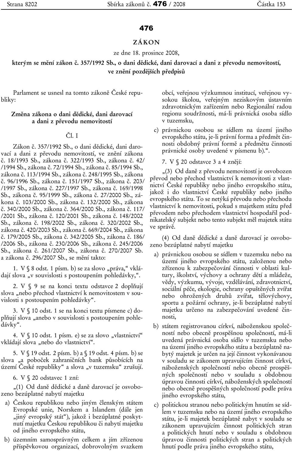 převodu nemovitostí Čl. I Zákon č. 357/1992 Sb., o dani dědické, dani darovací a dani z převodu nemovitostí, ve znění zákona č. 18/1993 Sb., zákona č. 322/1993 Sb., zákona č. 42/ /1994 Sb., zákona č. 72/1994 Sb.