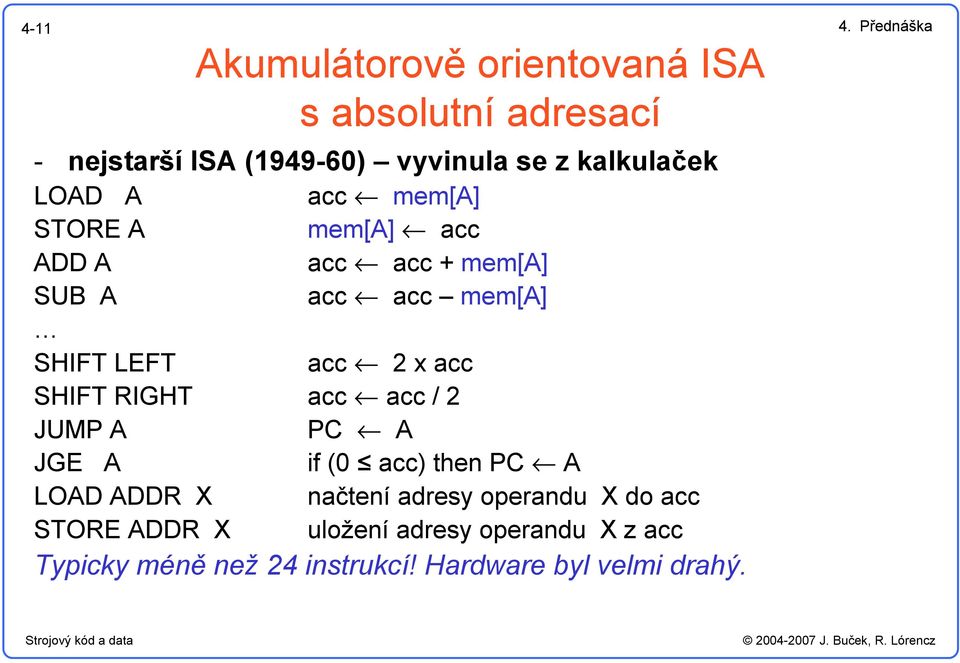 acc SHIFT RIGHT acc acc / 2 JUMP A PC A JGE A if ( acc) then PC A LOAD ADDR X načtení adresy operandu X do acc