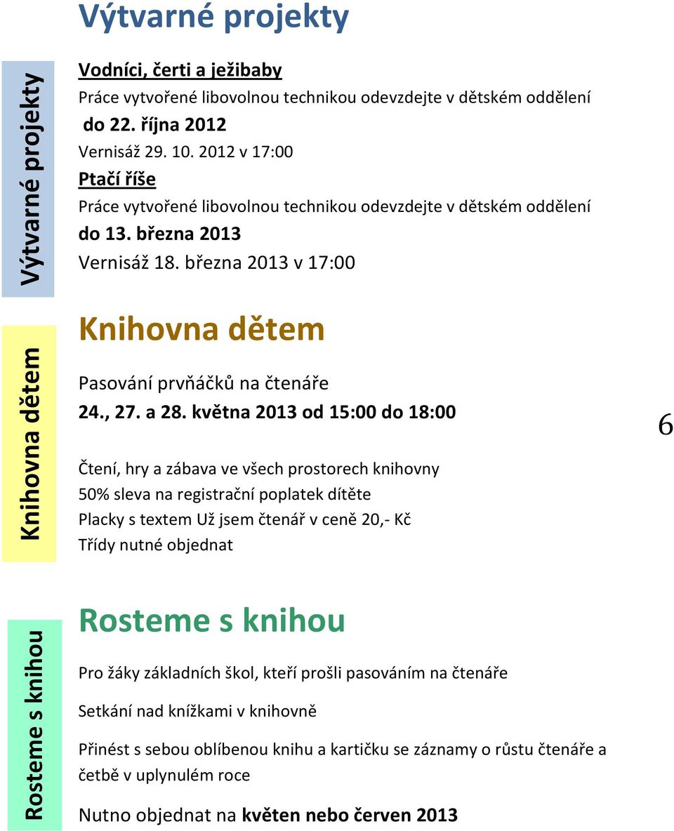 března 2013 v 17:00 Rosteme s knihou Knihovna dětem Výtvarné projekty Knihovna dětem Pasování prvňáčků na čtenáře 24., 27. a 28.
