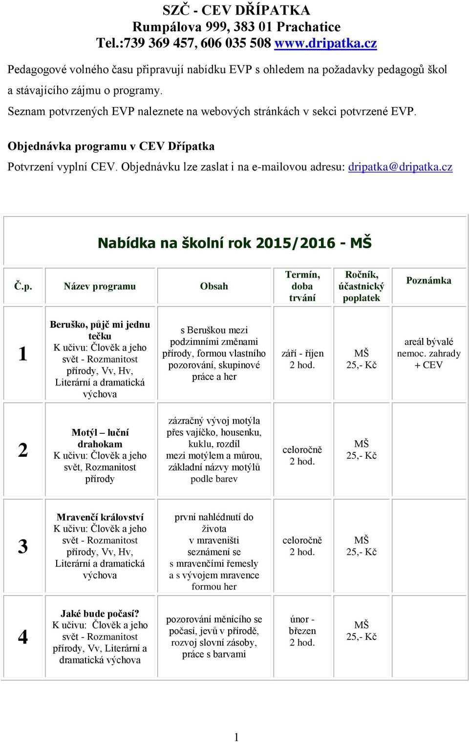 Nabídka na školní rok 2015/2016 - MŠ doba trvání 1 Beruško, půjč mi jednu tečku přírody, Vv, Hv, Literární a dramatická výchova s Beruškou mezi podzimními změnami přírody, formou vlastního