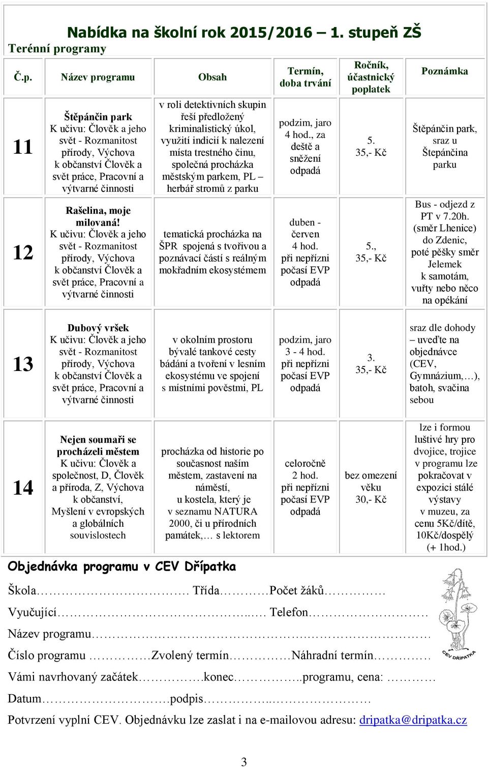 herbář stromů z parku tematická procházka na ŠPR spojená s tvořivou a poznávací částí s reálným mokřadním ekosystémem podzim, jaro, za deště a sněžení duben - červen 5.