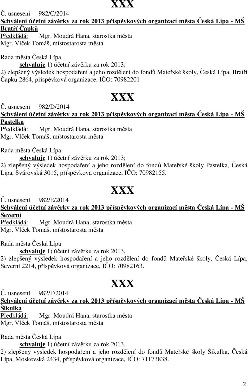 usnesení 982/D/2014 Schválení účetní závěrky za rok 2013 příspěvkových organizací města Česká Lípa - MŠ Pastelka 2) zlepšený výsledek hospodaření a jeho rozdělení do fondů Mateřské školy Pastelka,