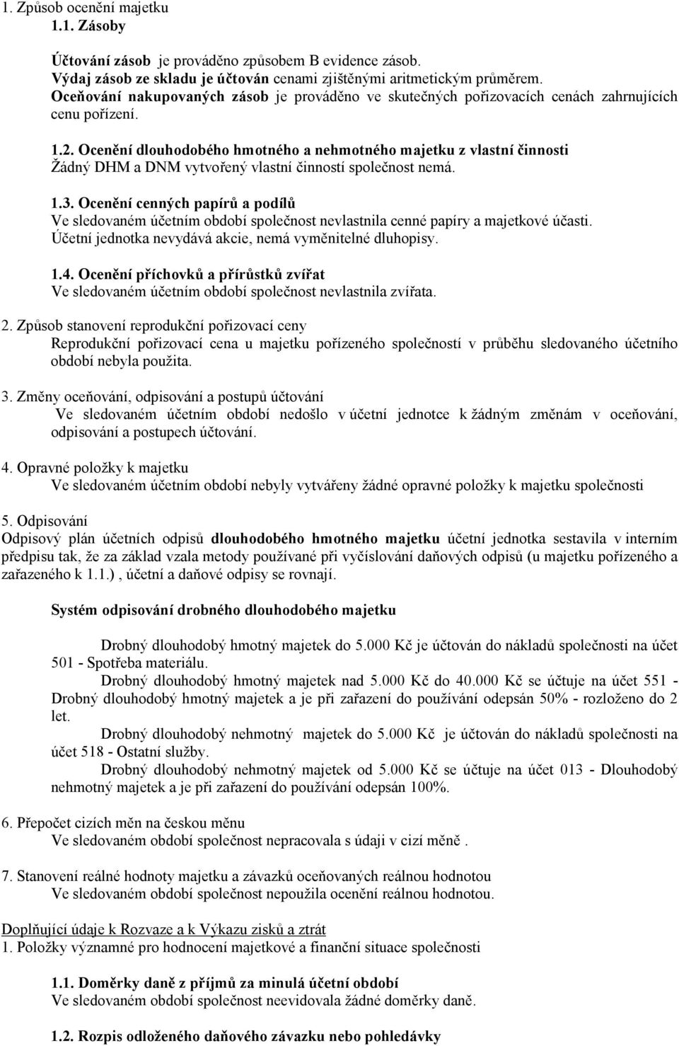 Ocenění dlouhodobého hmotného a nehmotného majetku z vlastní činnosti Žádný DHM a DNM vytvořený vlastní činností společnost nemá. 1.3.