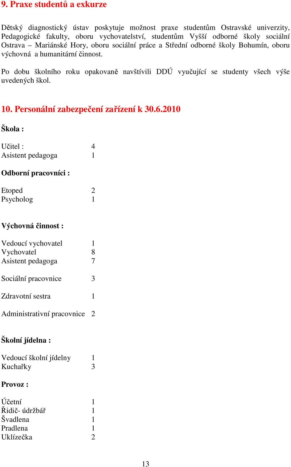 Po dobu školního roku opakovaně navštívili DDÚ vyučující se studenty všech výše uvedených škol. 10. Personální zabezpečení zařízení k 30.6.