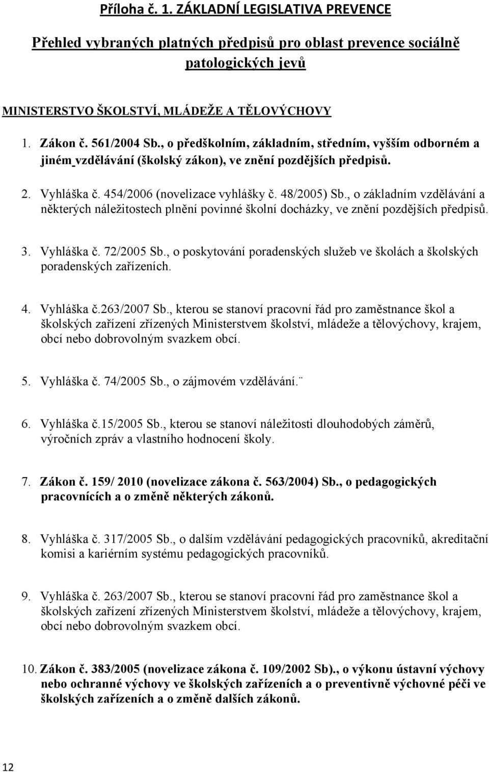 , o základním vzdělávání a některých náležitostech plnění povinné školní docházky, ve znění pozdějších předpisů. 3. Vyhláška č. 72/2005 Sb.