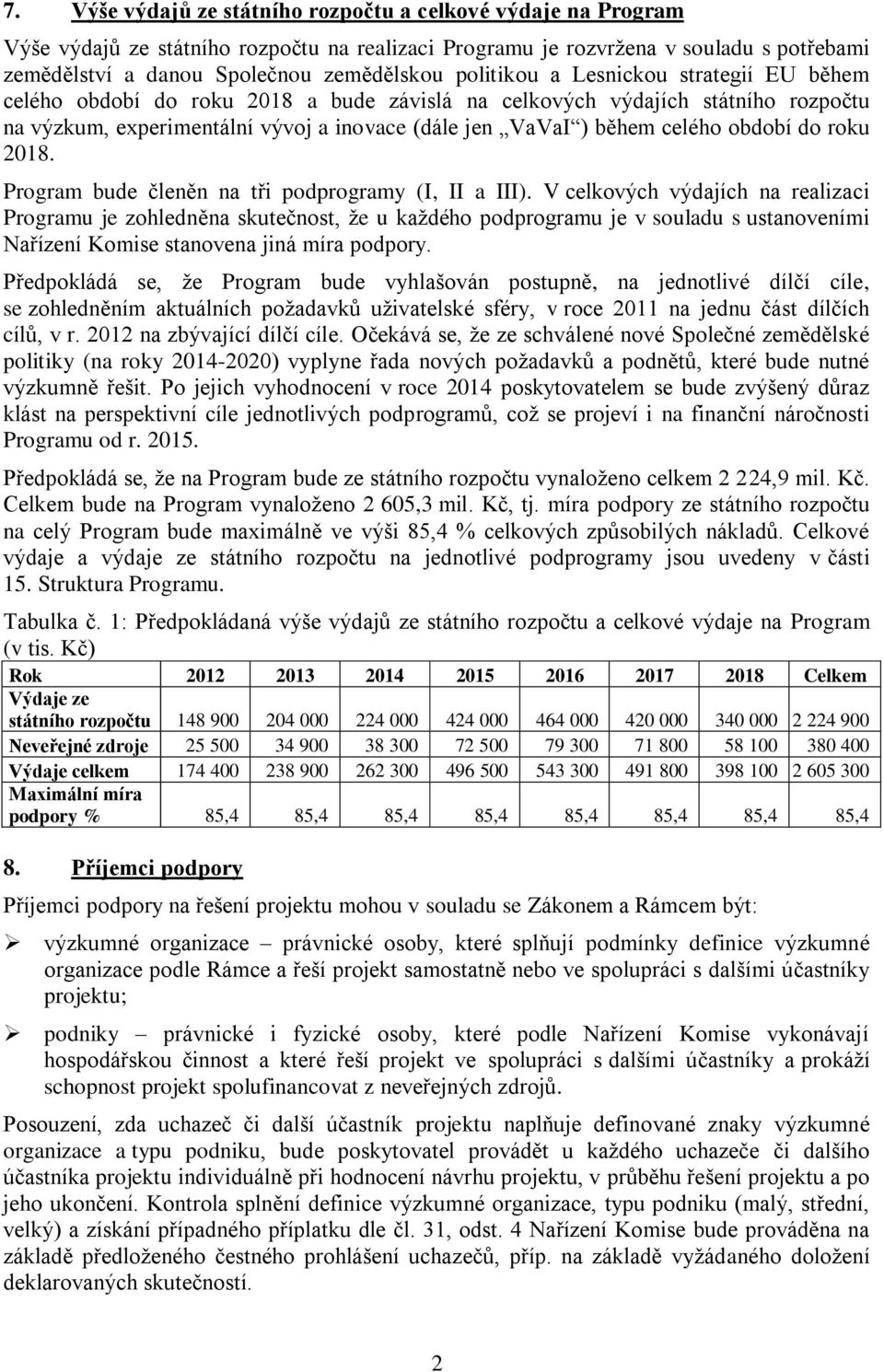 období do roku 2018. Program bude členěn na tři podprogramy (I, II a III).