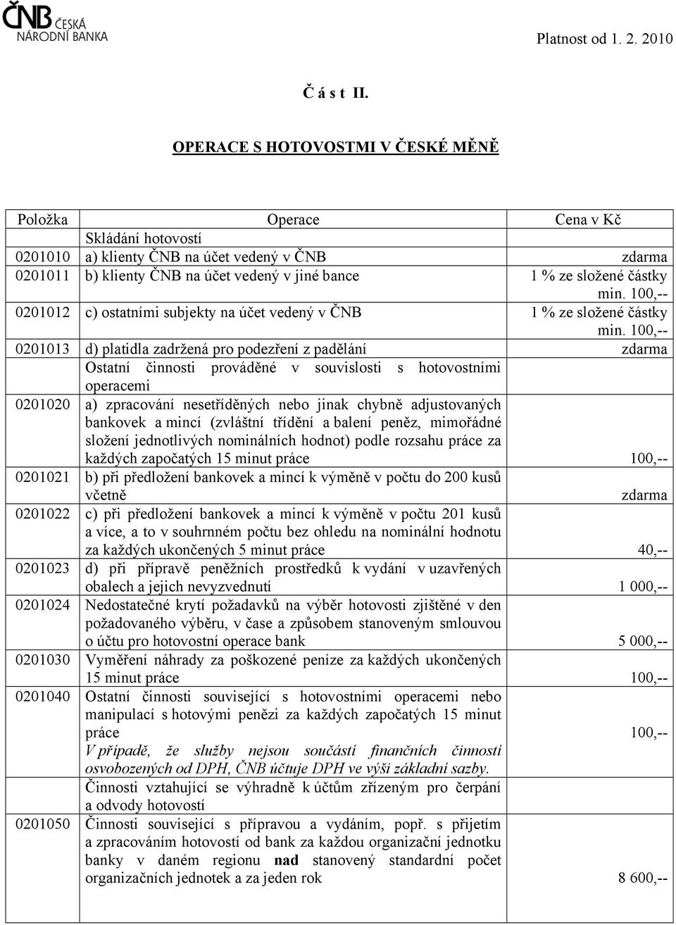 100,-- 0201012 c) ostatními subjekty na účet vedený v ČNB 1 % ze složené částky min.