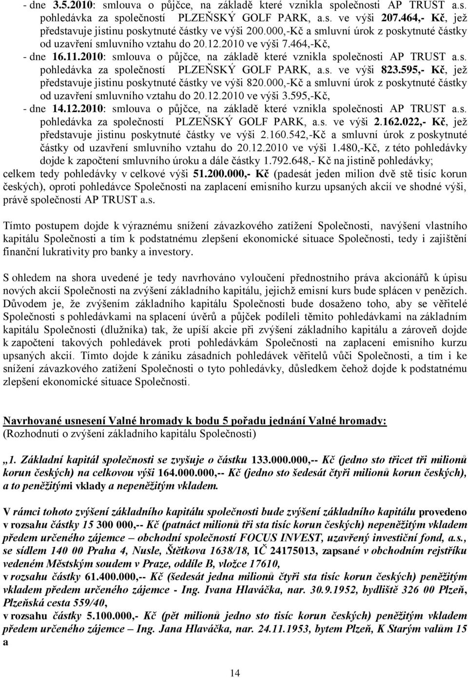 2010: smlouva o půjčce, na základě které vznikla společnosti AP TRUST a.s. pohledávka za společností PLZEŇSKÝ GOLF PARK, a.s. ve výši 823.