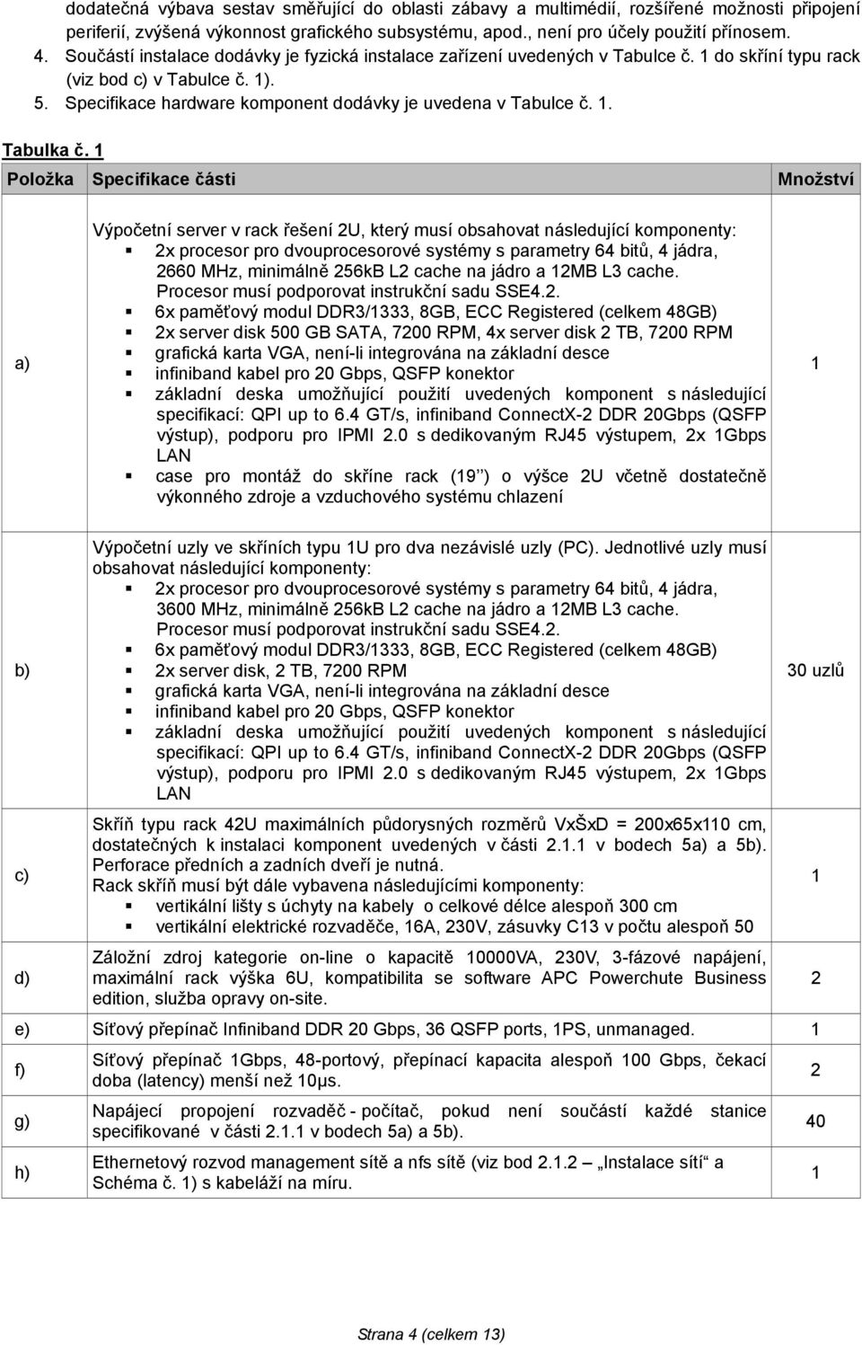 1 Položka Specifikace části Množství a) Výpočetní server v rack řešení 2U, který musí obsahovat následující komponenty: 2x procesor pro dvouprocesorové systémy s parametry 64 bitů, 4 jádra, 2660 MHz,